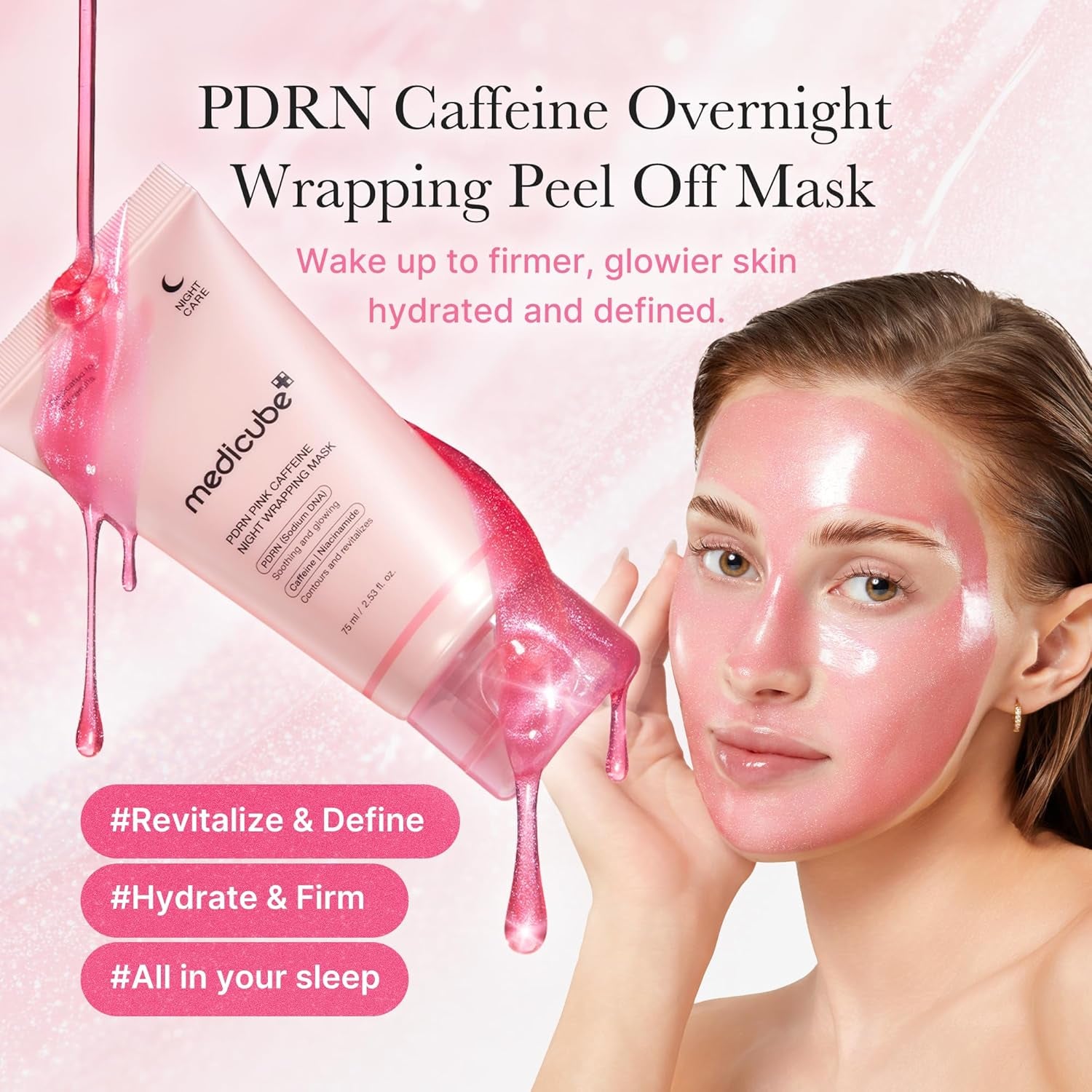 Pink Glow Wrapping Mask Duo: Collagen Overnight Wrapping Peel off Facial Mask Pack and PDRN Caffeine Overnight Wrapping Peel off Facial Mask and Brush