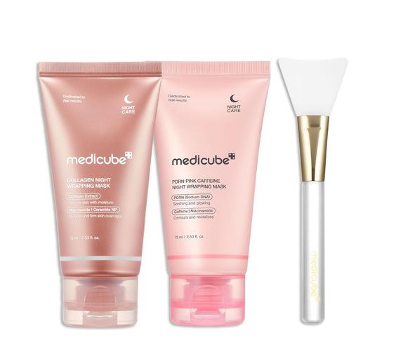 Pink Glow Wrapping Mask Duo: Collagen Overnight Wrapping Peel off Facial Mask Pack and PDRN Caffeine Overnight Wrapping Peel off Facial Mask and Brush