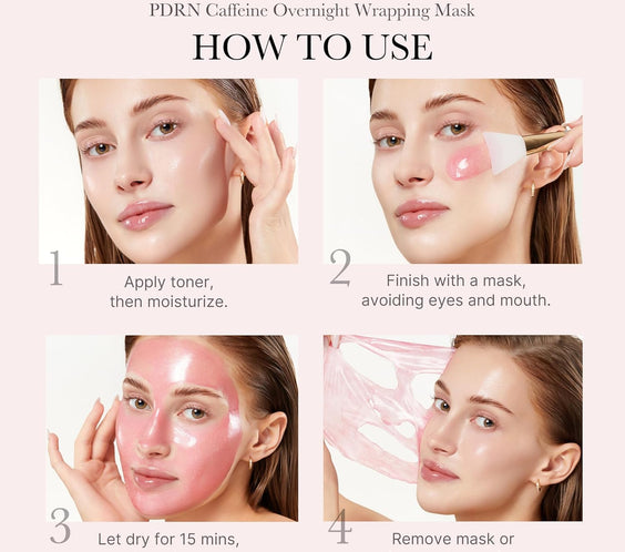 Pink Glow Wrapping Mask Duo: Collagen Overnight Wrapping Peel off Facial Mask Pack and PDRN Caffeine Overnight Wrapping Peel off Facial Mask and Brush