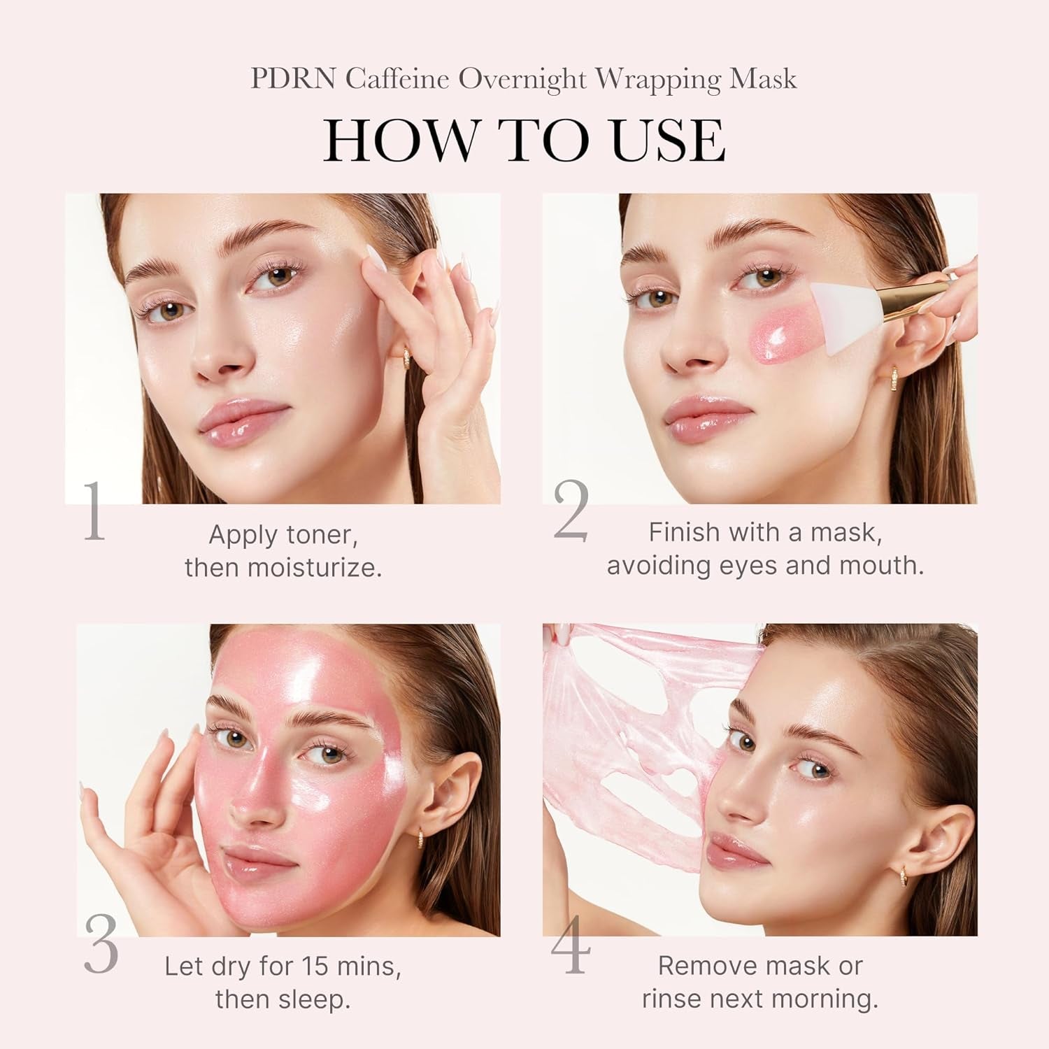 Pink Glow Wrapping Mask Duo: Collagen Overnight Wrapping Peel off Facial Mask Pack and PDRN Caffeine Overnight Wrapping Peel off Facial Mask and Brush