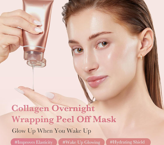 Pink Glow Wrapping Mask Duo: Collagen Overnight Wrapping Peel off Facial Mask Pack and PDRN Caffeine Overnight Wrapping Peel off Facial Mask and Brush